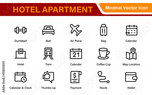 Hotel apartment icons set. Rental property icons. Set of hotel booking, five-star hotel, service line vector web icon.Hotel universal set with Building, Parking,  Meal, Air conditioner.