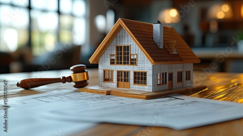 Legal and Construction Industry Concept Depicting a Gavel, House Model, and Documents 