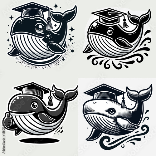 Whale. With Graduation Diploma Cap Graduate Clipart Line Art Vector Illustration. Large marine mammal ocean creature sea life conservation concern nature topic.