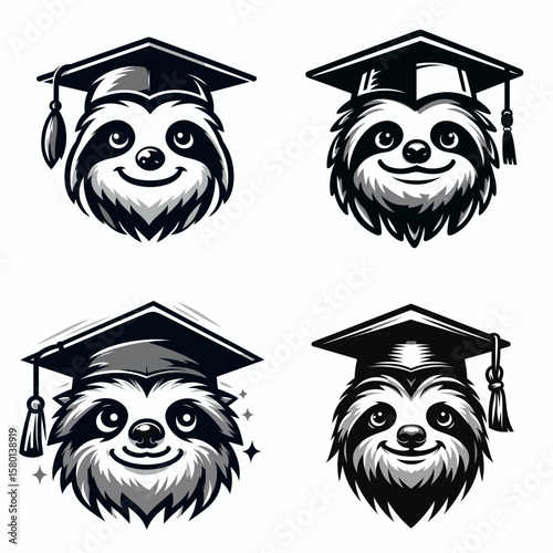 Sloth. With Graduation Diploma Cap Graduate Clipart Line Art Vector Illustration. Slow animal a relaxed lazy mammal clinging to branches enjoying jungle habitat.