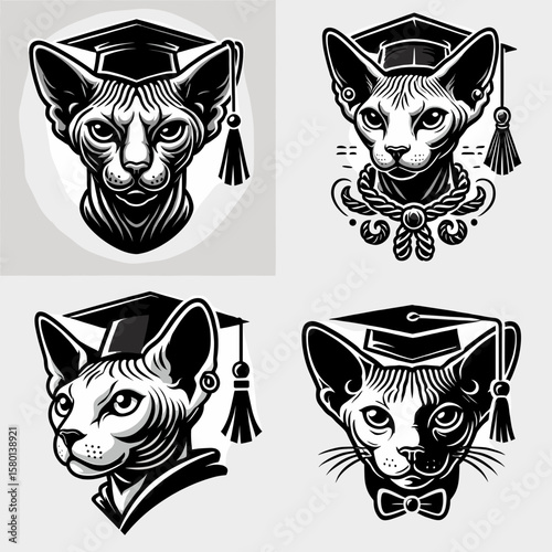 Sphynx Cat. With Graduation Diploma Cap Graduate Clipart Line Art Vector Illustration. Hairless feline breed a unique domestic animal for adoption and care.