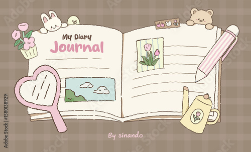 Cute Open Journal with Diary Elements and Animals. Flat graphic vector illustration.