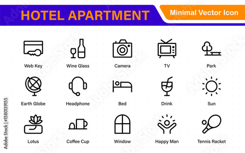 Hotel apartment icons set. Rental property icons. Set of hotel booking, five-star hotel, service line vector web icon.Hotel universal set with Building, Parking,  Meal, Air conditioner.