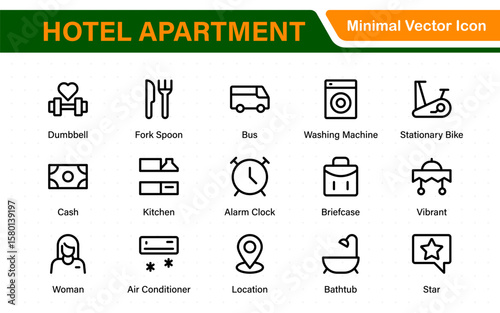 Hotel apartment icons set. Rental property icons. Set of hotel booking, five-star hotel, service line vector web icon.Hotel universal set with Building, Parking,  Meal, Air conditioner.