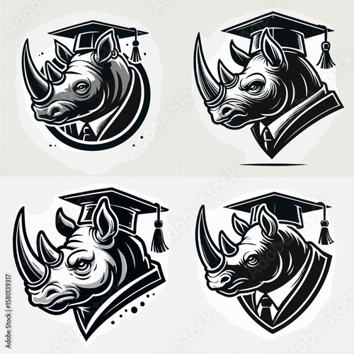 Rhino. With Graduation Diploma Cap Graduate Clipart Line Art Vector Illustration. Large horned mammal knowledge about safeguard living creature protection.