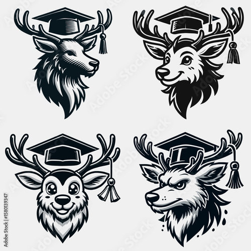 Reindeer. With Graduation Diploma Cap Graduate Clipart Line Art Vector Illustration. Xmas ungulate north region mammal yule beast winter festive fauna holiday deer.