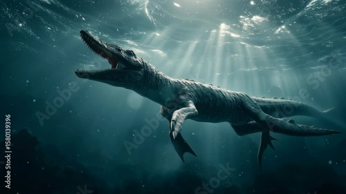 dramatic underwater shot of a massive Mosasaurus hunting in the depths of a prehistoric ocean, light rays penetrating the water's surface, creating a mysterious and awe-inspiring scene, cinematic