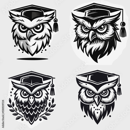 Owl. With Graduation Diploma Cap Graduate Clipart Line Art Vector Illustration. Nocturnal raptor a wise bird nature creature for birdwatching wild fauna.