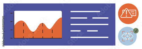 Graph with fluctuating data, descriptive text, alert icon with exclamation mark, eye verification icon with check. Ideal for analytics, security, alert systems, data monitoring, compliance