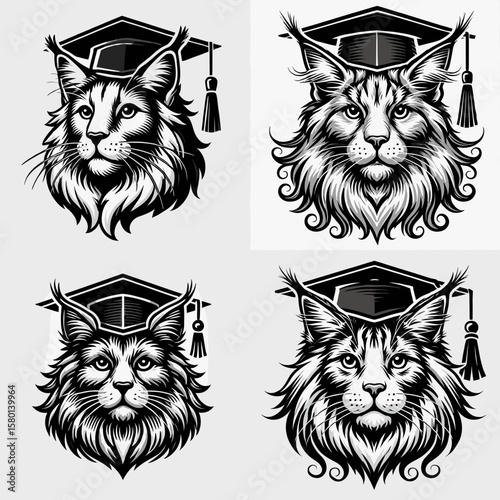 Maine Coon Cat. With Graduation Diploma Cap Graduate Clipart Line Art Vector Illustration. Popular feline large size domestic longhair breed from america pet profile.
