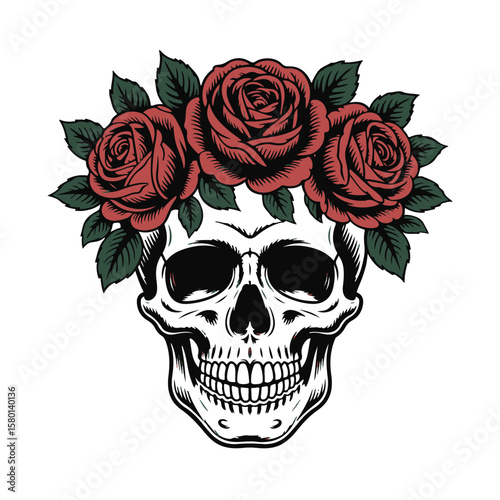 Elegant, vibrant retro-styled traditional tattoo art print Human skull silhouette in black and white, crowned with roses and leaves.
