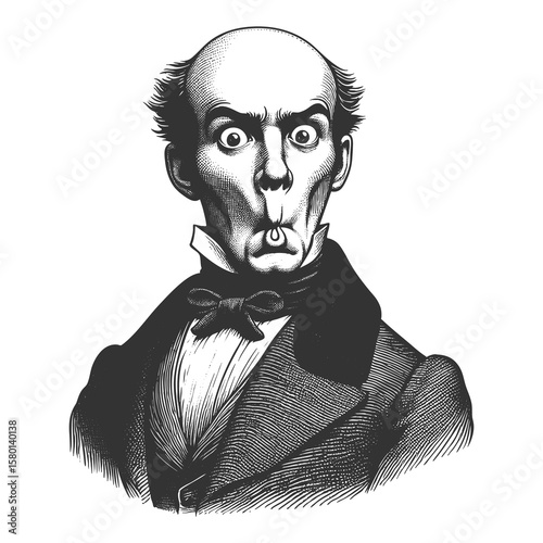 bald man in formal clothing with wide eyes and puckered lips in a fish-face expression sketch engraving generative ai fictional character raster illustration. Scratch board. Black and white image.