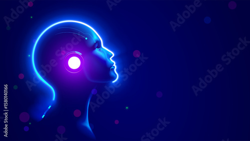 AI. AGI. Artificial intelligence in human face or head concept. Glowing neon silhouette of the head of a wise Artificial Intelligence or AGI on a blue background. A kind and intelligent face of AGI.