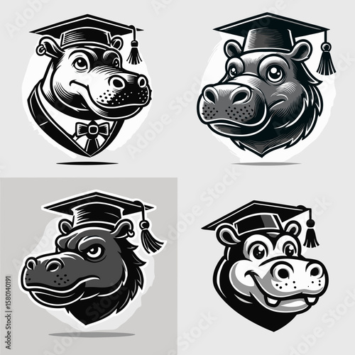 Hippo. With Graduation Diploma Cap Graduate Clipart Line Art Vector Illustration. Large african mammal a river dweller herbivore that enjoys aquatic life.