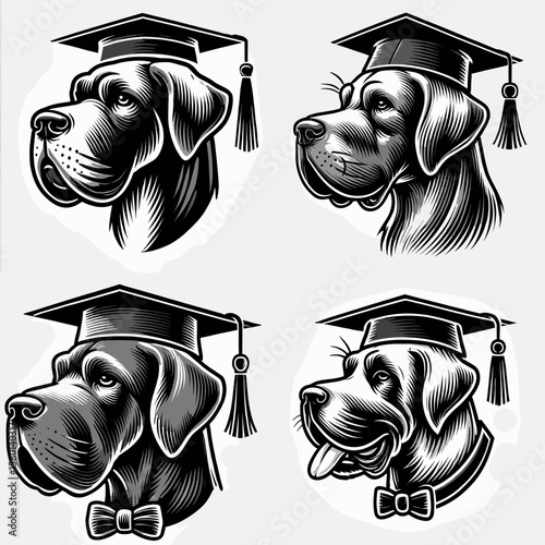 Great Dane Dog. With Graduation Diploma Cap Graduate Clipart Line Art Vector Illustration. Large danish canine breed care trait image and adoption details.
