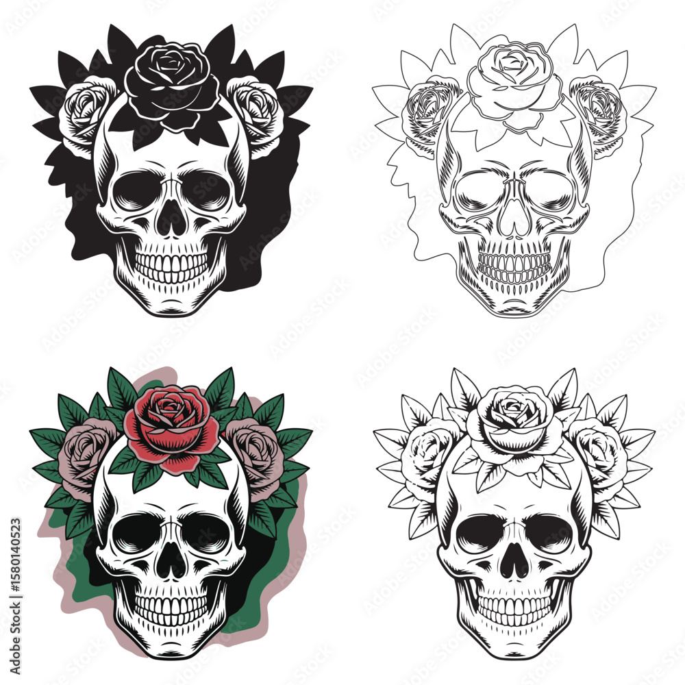 Fototapeta premium Elegant, vibrant retro-styled traditional tattoo art print Human skull silhouette in black and white, crowned with roses and leaves.