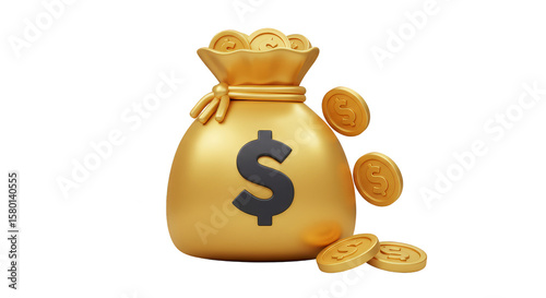 3D Illustration Gold Money Bag with Coins Wealth and Investment