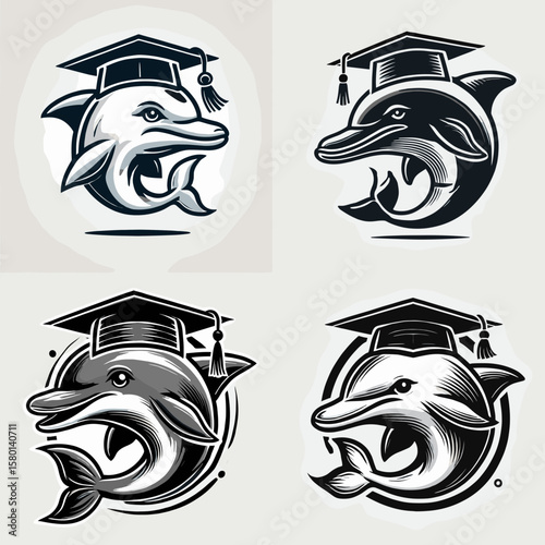 Dolphin. With Graduation Diploma Cap Graduate Clipart Line Art Vector Illustration. Aquatic mammal explore intelligent sea creature ocean wildlife and marine fauna.