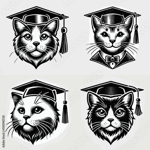 Domestic Shorthair Cat. With Graduation Diploma Cap Graduate Clipart Line Art Vector Illustration. Common house feline breed care nutrition behavior and adoption guide.