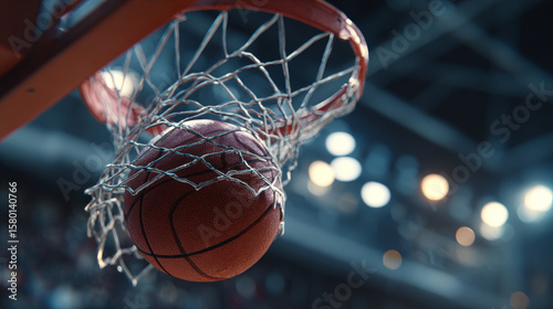 A basketball sails through the hoop, swishing cleanly through the net as it scores a point