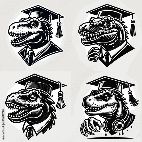 Dinosaur. With Graduation Diploma Cap Graduate Clipart Line Art Vector Illustration. Prehistoric reptile type ancient giant creature fossilized earth dweller.