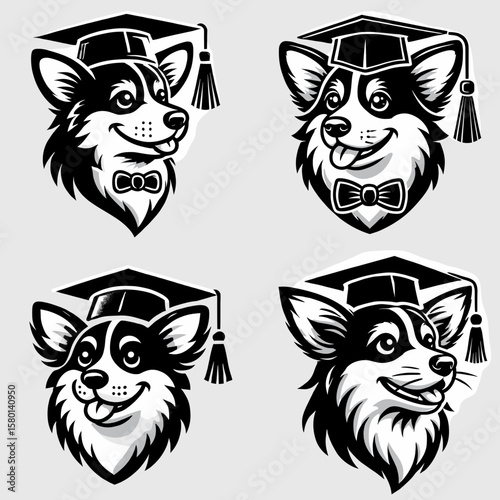 Corgi Dog. With Graduation Diploma Cap Graduate Clipart Line Art Vector Illustration. Cute welsh low rider canine a family friend for companionship and affection.