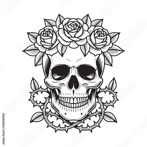 Elegant, vibrant retro-styled traditional tattoo art print Human skull silhouette in black and white, crowned with roses and leaves.