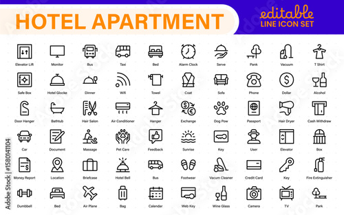 Hotel apartment icons set. Rental property icons. Set of hotel booking, five-star hotel, service line vector web icon.Hotel universal set with Building, Parking,  Meal, Air conditioner.