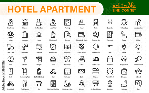 Hotel apartment icons set. Rental property icons. Set of hotel booking, five-star hotel, service line vector web icon.Hotel universal set with Building, Parking,  Meal, Air conditioner.