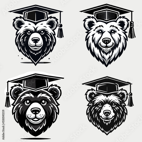 Bear. With Graduation Diploma Cap Graduate Clipart Line Art Vector Illustration. Big wild mammal a forest creature roaming woodlands wildlife concept.