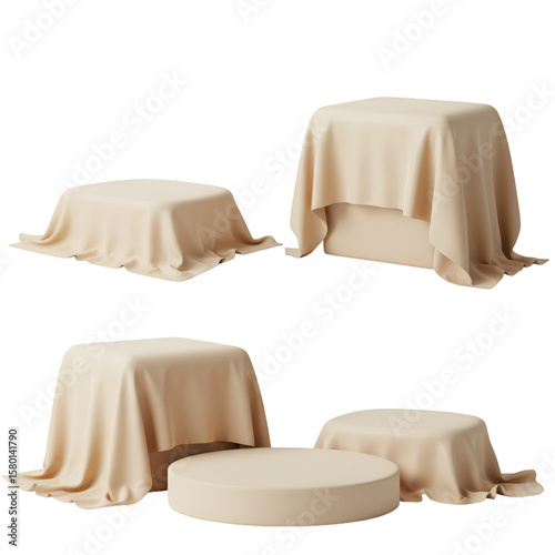 3D Rendered Beige Cloth Draped Podiums Fabric Cover on Transparent Background