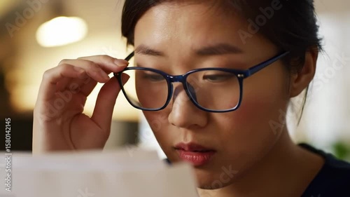 Close up woman concentrated on document reading