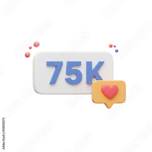 3D Render of 75K Likes Heart Notification Social Media Follower
