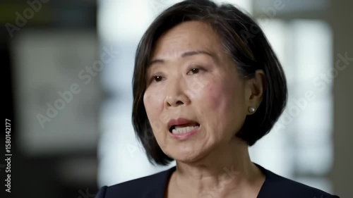 Close up woman speaking indoors neutral tone professional portrait