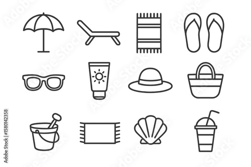 Beach essentials icons set: umbrella, sunglasses, towel, sandals, hat, shell, drink