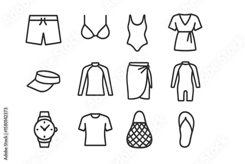 Beachwear icons: swimwear, accessories, and casual clothing
