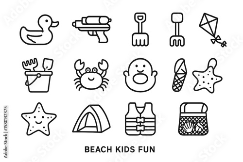 Beach kids fun icons: toys, crab, starfish, tent, kite, duck, bucket, life vest