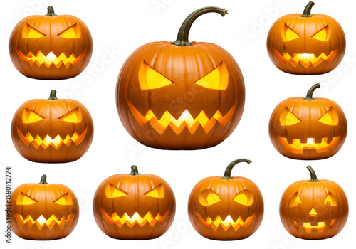 3d Illustration of Halloween Jack O Lanterns with Scary Faces on Transparent