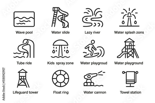 Water park icon collection featuring slides, pools, and playgrounds
