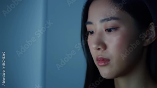 Close up young woman inside using device late night dim light indoor technology focus