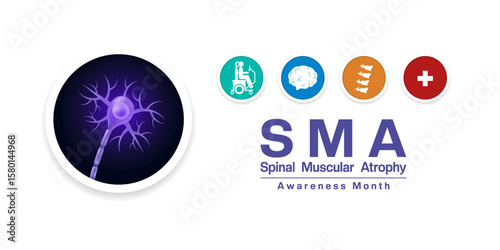 August is National Spinal Muscular Atrophy Awareness Month. Motor neuron, people, brain, spinal and plus icon. Perfect for posters, banners, and social media. White background.