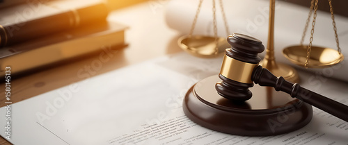 Courtroom Justice Concept with Wooden Gavel Resting on Government Case Files, Realistic Lighting Representing Law Overload and Legal Authority