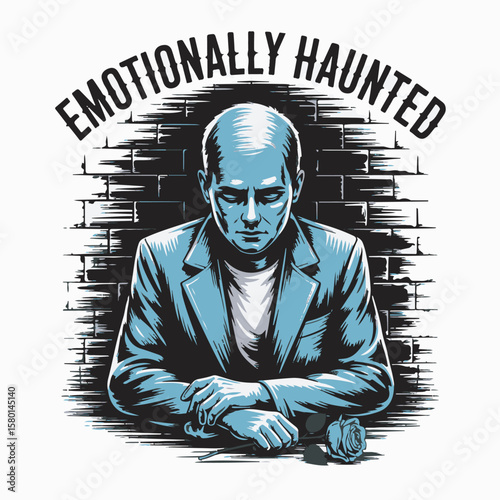 A somber illustration of a man, styled in blue and black, showing emotions and thoughts in front of a brick wall.