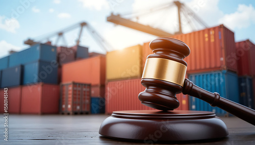 Freight Law Concept with Gavel and Shipping Containers, Symbolizing Legal Authority in Maritime Business and Global Trade Regulation