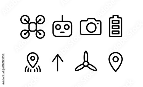 Drone icon set featuring remote controller, camera, battery, and navigation elements