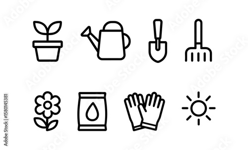 Gardening essentials line icons: tools, plants, and sun design set