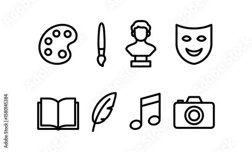 Linear icons of art and culture: brush, sculpture, theater, book, music, photography