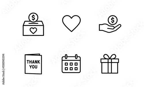 Charity and donation icons: line art set for awareness and giving