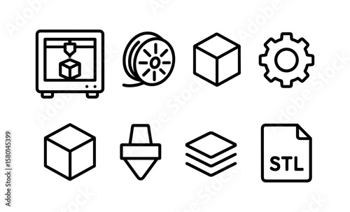 Linear 3d printing icons set featuring printer, filament, cube, gear, and stl file