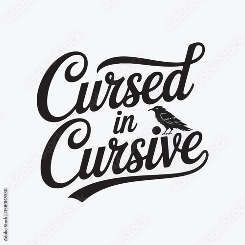 Cursed in cursive typography featuring a black raven a dark and moody design for spooky or halloween themed projects
